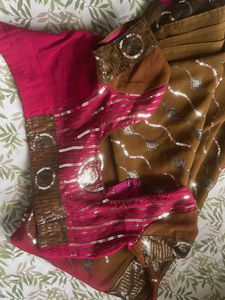 Pink &amp; Brown Sequin Saree with Blouse