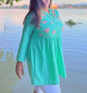 Pinteresty Mint green short kurti flower embroider