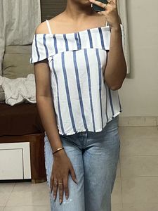 Blue Strip Off Shoulder Summer Top