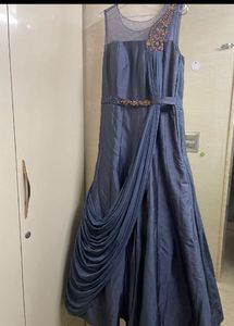 Stunning Metallic Blue Grey Drape Gown- Belt