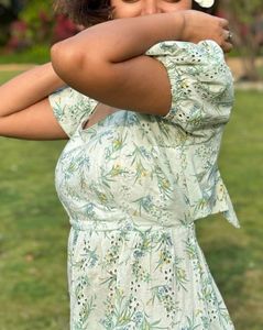Open back Poplin Light Green Floral midi Dress