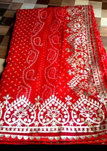 Red Bandhani Print Saree 👍