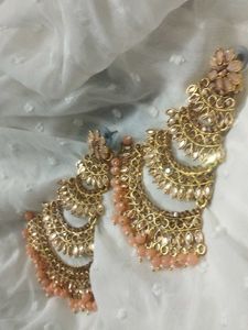 Peach  Pearls With Combination Of Golden Work,