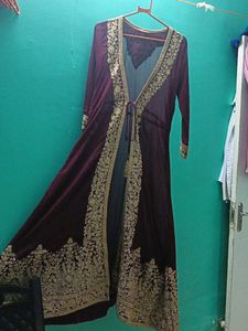 Elegant Vine Colour And Gold Embroidered Dress