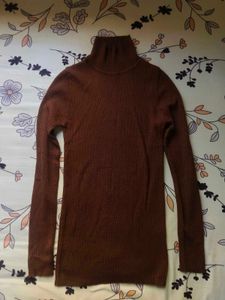 Brown Turtleneck Ribbed Top