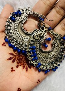 Blue Beaded Crescent Earrings