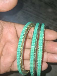 Teal &amp; Gold Beaded Bangles (Set of 3)