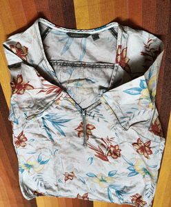 Women Beige Floral Printed Front Zip Casual Top