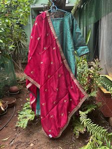 Teal Green With Maroon Dupatta Kurta Set