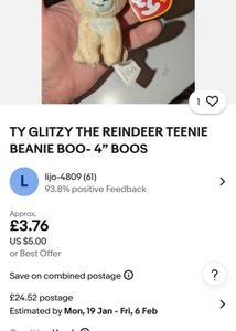 TY GLITZY THE REINDEER TEENIE BEANIE BOO- 4” BOOS