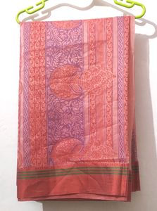 Peach Printed Kota Doria Saree