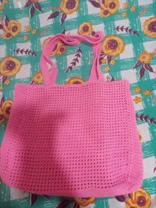 Pink Crochet Mesh Tote Bag