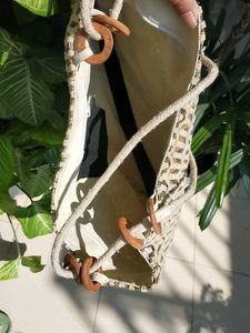 Woven Tote Bag with Wooden Handle Detail