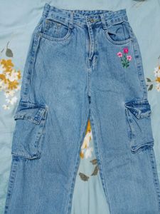 Embroidered Floral Cargo Jeans