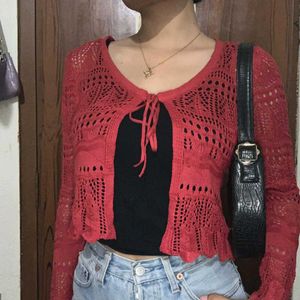 Red Cropped Knit Cardigan