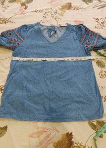 All About You Embroidered Sleeve Denim Top
