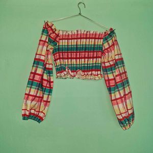 Checkered Off-Shoulder Crop Top