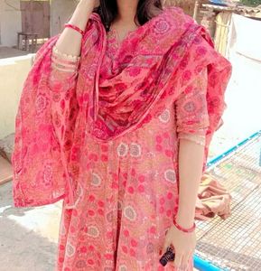 Floral Pink Cotton Frock Set