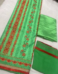 Green Colour Red Contrast Thread Work Full Fron