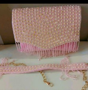 Pink Beaded Fringe Evening Bag with Chain Strap