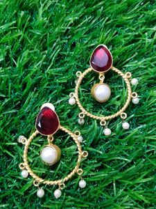 Brass Earrings With Red Stone And Beads
