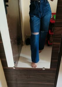 High Waist Wide Leg Straight Fit Torn Jeans(Stone Blue Colour)