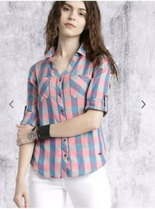 Roadster Time Travlr Women Peach & Purple Slim Fit Checked Casual Shirt