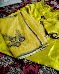 Hand Work Party Wear Yellow Saree