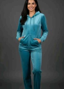 Teal Velvet Zip-Up Hoodie And Pant