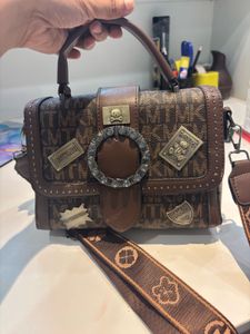 Brown Patterned Satchel with Embellishments