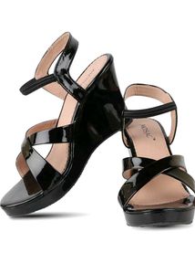 Black Patent Leather Wedge Sandals