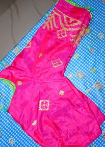 Parrot green saree with boat neck pink blouse