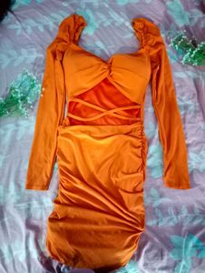 Bold Orange Bodycon Dress with ruched Sleeves