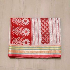 Red &amp; White Printed Saree