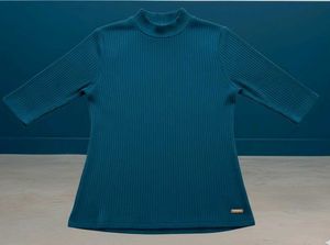 Blue Ribbed Mock Neck Top