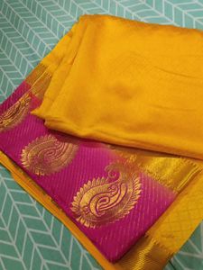 Yellow Saree With Pink Border