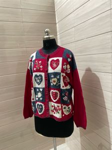 Vintage y2k Embroidered Red Hearts Rose Applique C