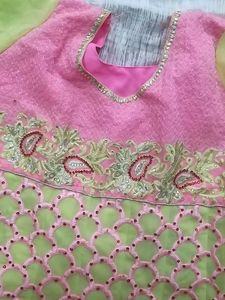 Embroidered Pink &amp; Green Ethnic Gown