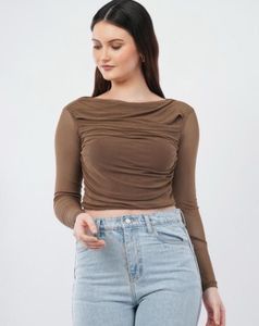 Brown Long Sleeve Mesh Top