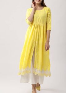 Yellow Embroidered Kurta with Lace Trim
