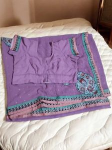 Designer Saree With Stitched Blouse  + Lipstick