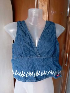 Denim Embroidered Crop Top
