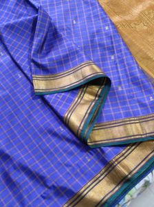 Blue And Golden  Checked Saree