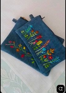 Floral Embroidered Denim Pouches