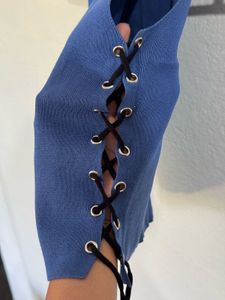 Trendy Blue Knit Sleeveless Top with Side Tie