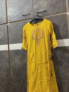 Yellow Embroidered Kurti With Attached Shrara