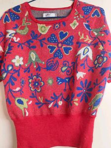 Red Floral Print Short Sleeve Sweater