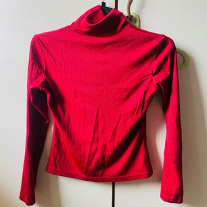 Red Full Sleeves Turtle Neck Top