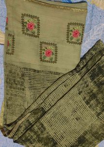 Olive Green Embroidered With Border Saree