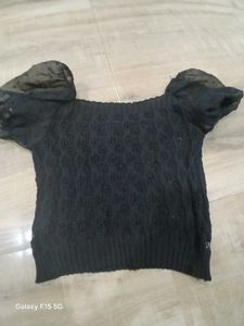 Black Puff Sleeve Knit Top Croshet